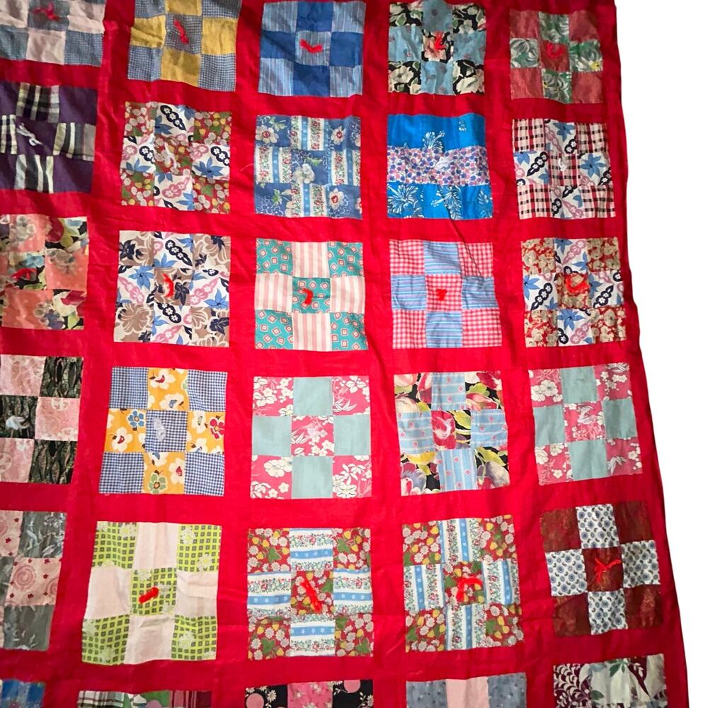 Vibrant Vintage Red Nine Patch Quilt Handcrafted Americana 65x75” - Picture 4 of 11
